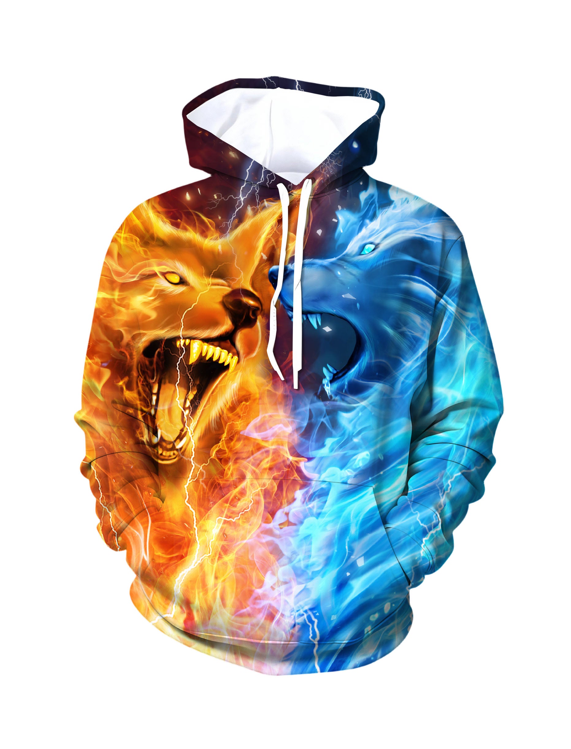 Fire & Ice Dual Wolf 3D Print Hoodie | Lightning Galaxy Graphic Pullover