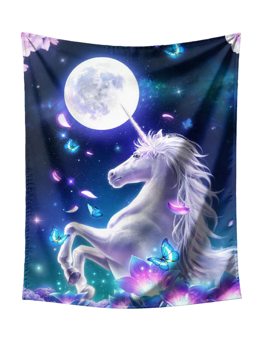 Moonlight Unicorn with Blue Butterflies Fantasy Tapestry