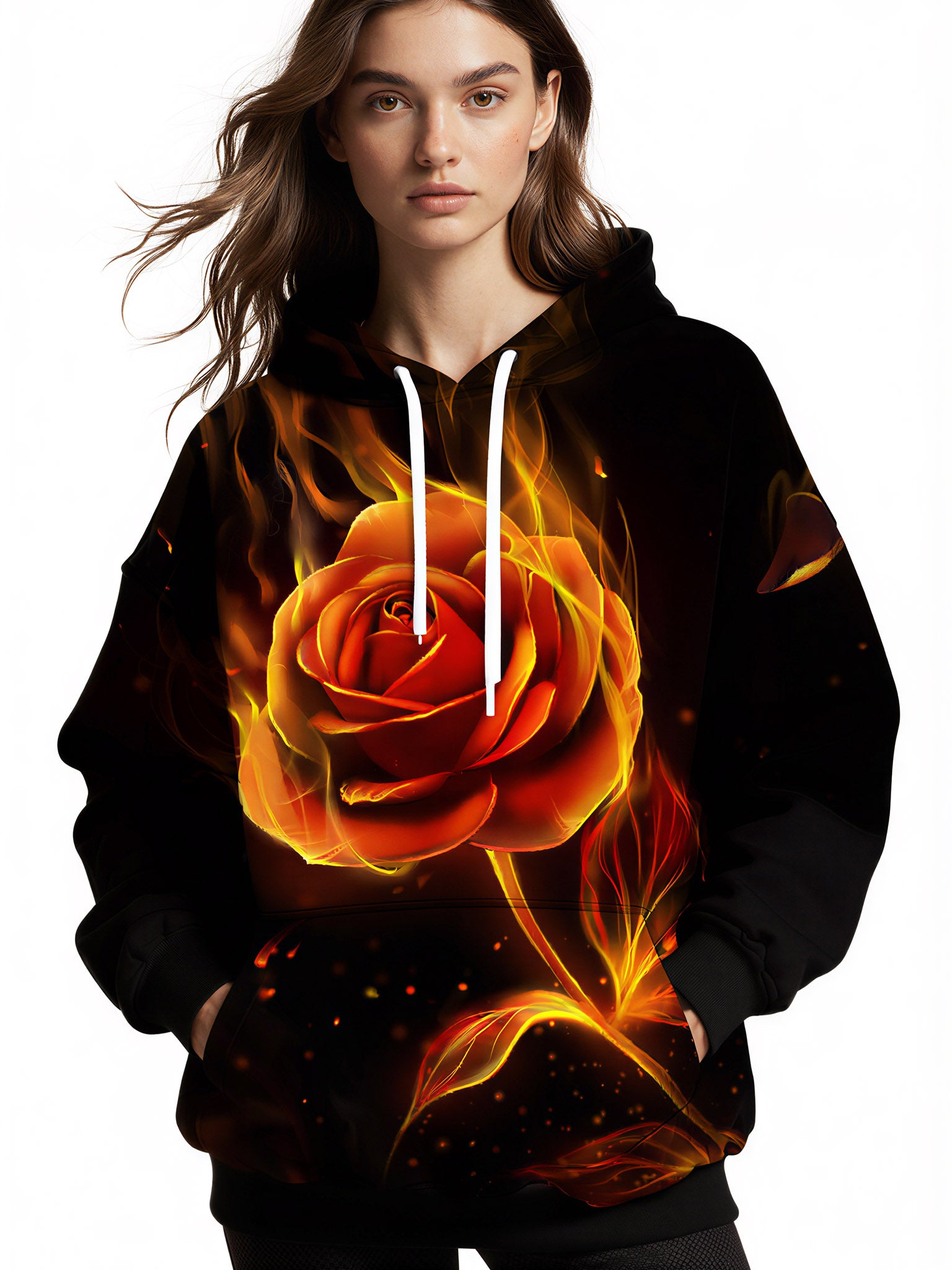 Flaming Rose 3D All Over Print Hoodie for Men Women, Fire Flower Graphic Pullover Sweatshirt
