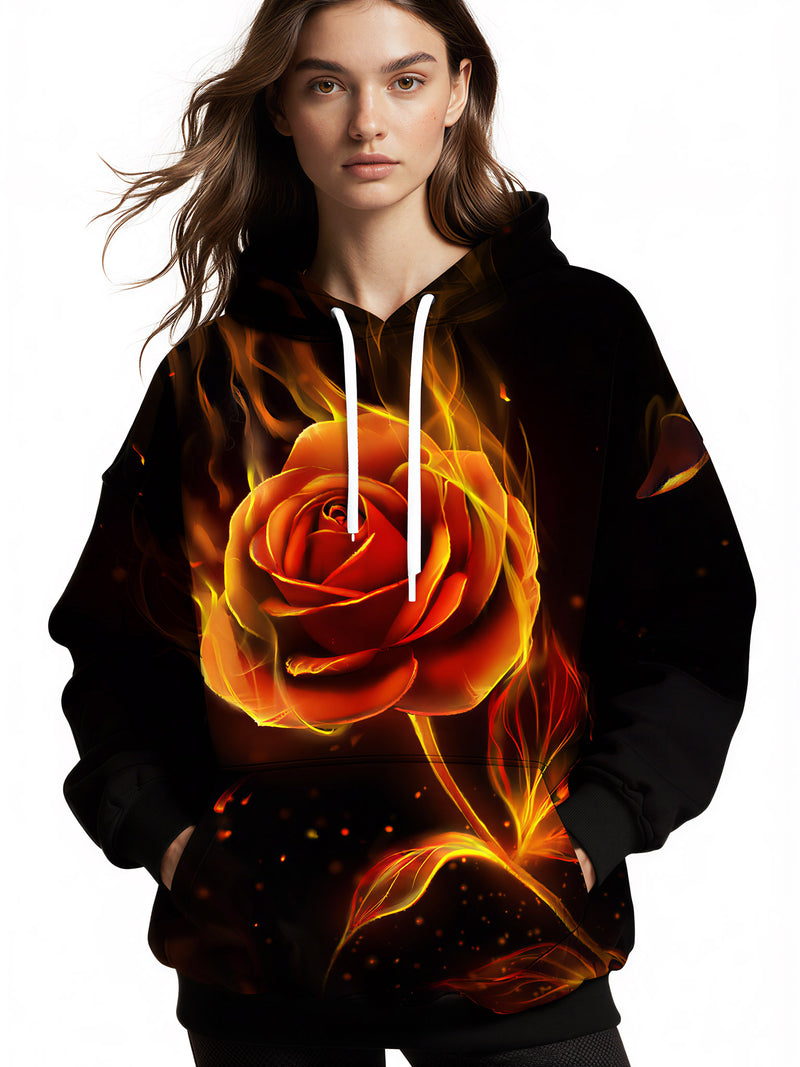 Flaming Rose 3D All Over Print Hoodie for Men Women, Fire Flower Graphic Pullover Sweatshirt