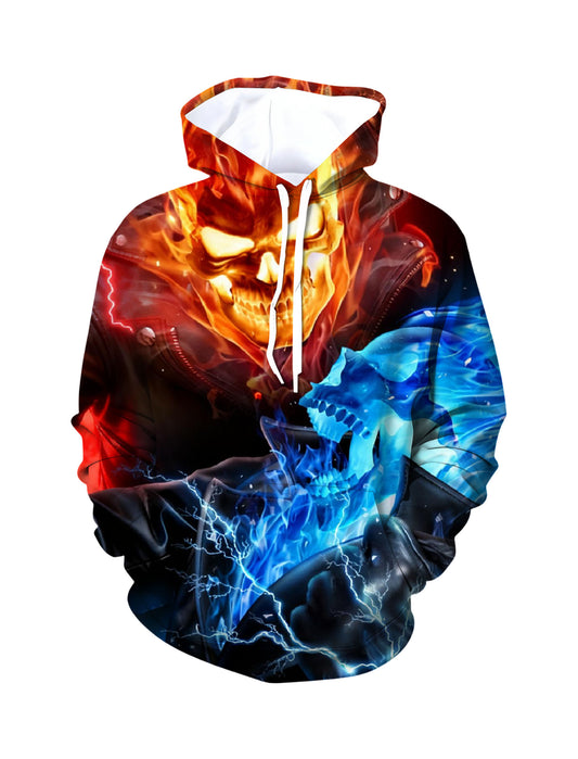 Unisex 3D All Over Print Hoodie Fire and Ice Skull Streetwear Pullover Soft Comfortable Cotton Blend