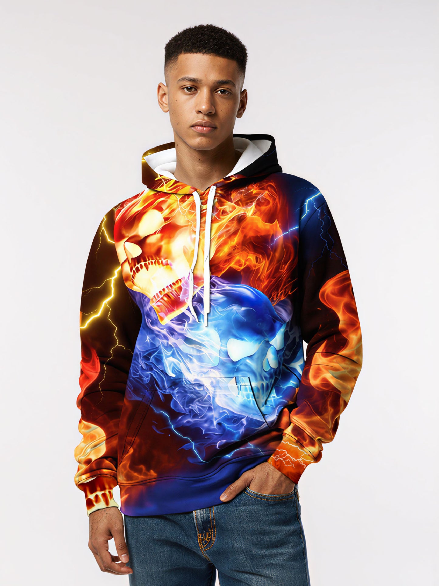 Fire & Ice Dual Skull 3D Print Hoodie | Lightning Graphic Pullover