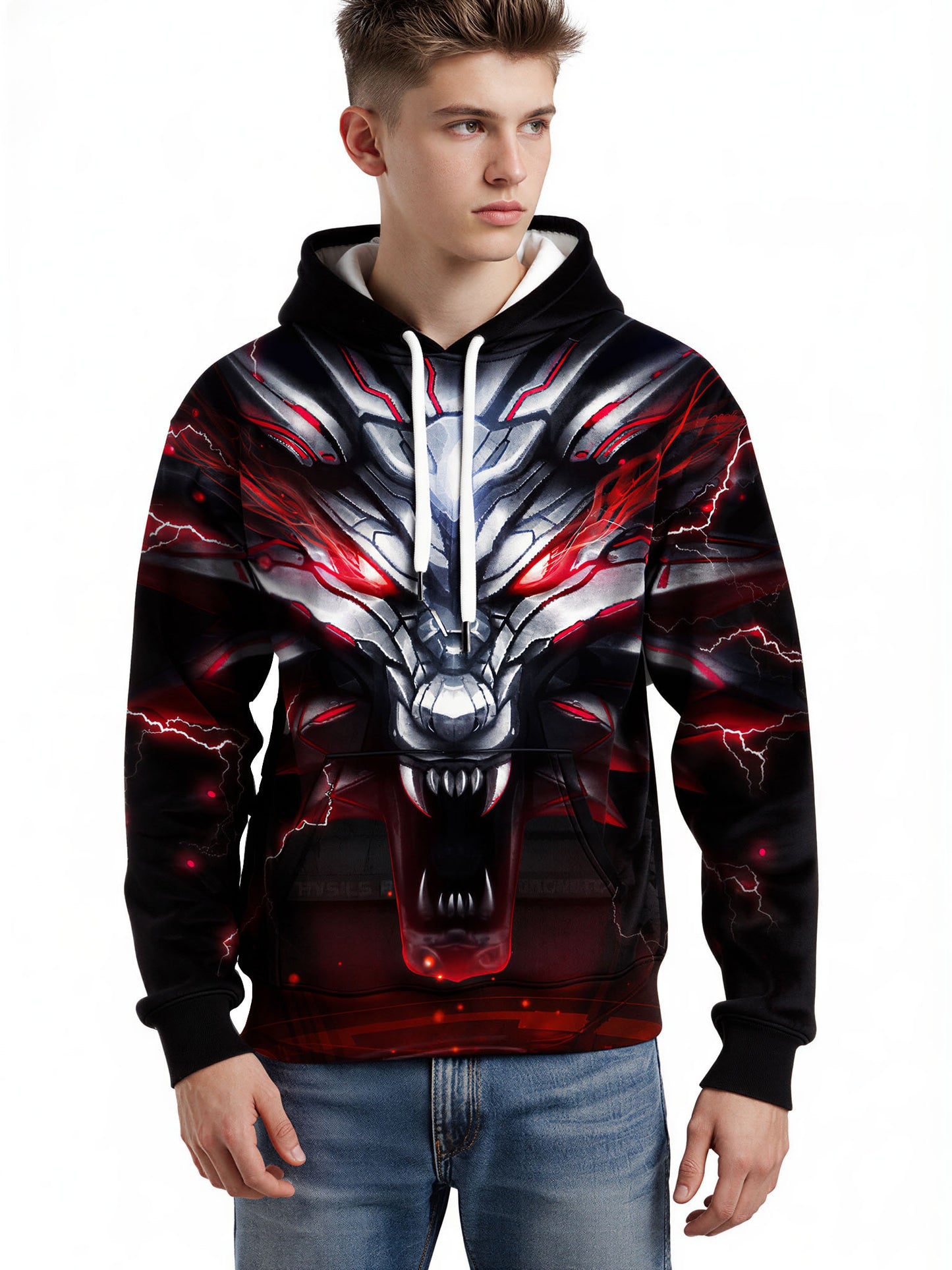 Men Women 3D All Over Print Dragon Hoodie with Red Lightning Cyberpunk Design