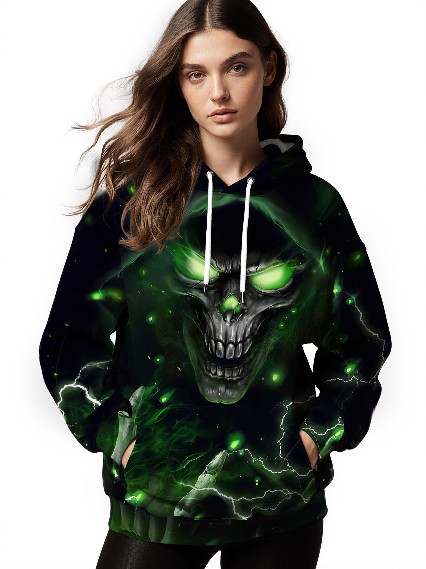 Men Women 3D All Over Print Skull Green Glow Hoodie Pullover Sweatshirt