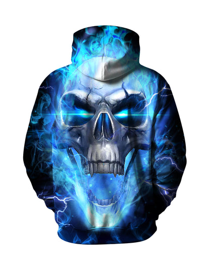 Men Women 3D All Over Print Skull Lightning Hoodie Glow Blue Horror Style Sweatshirt