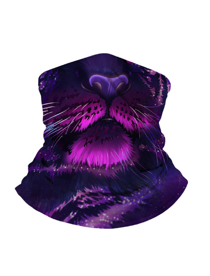 Unisex Balaclava with 3D all over print featuring cosmic purple wolf face, Y2K aesthetic, soft stretchy fabric, UV protection for outdoor sports