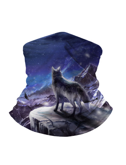 Unisex Neck Gaiter with 3D all over print featuring a lone wolf on icy cliff under starry nebula sky, Aesthetic style, breathable fabric, windproof for outdoor adventures