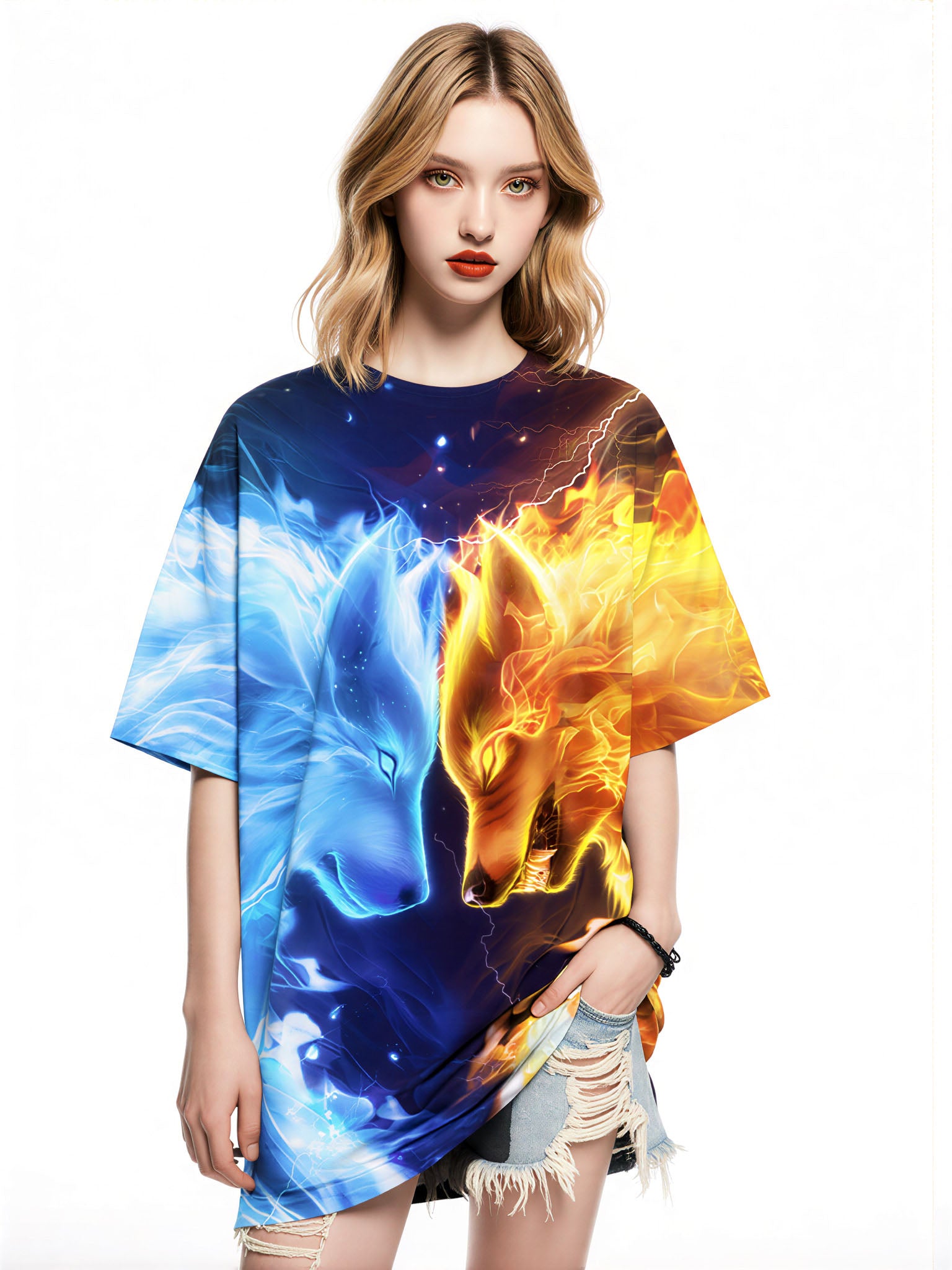 3D All Over Print Fire Ice Wolf T-Shirt for Men Women, Bold Graphic Streetwear Sweatshirt