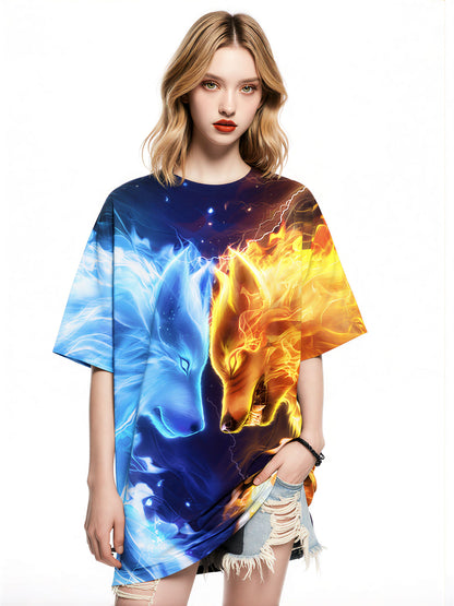 3D All Over Print Fire Ice Wolf T-Shirt for Men Women, Bold Graphic Streetwear Sweatshirt