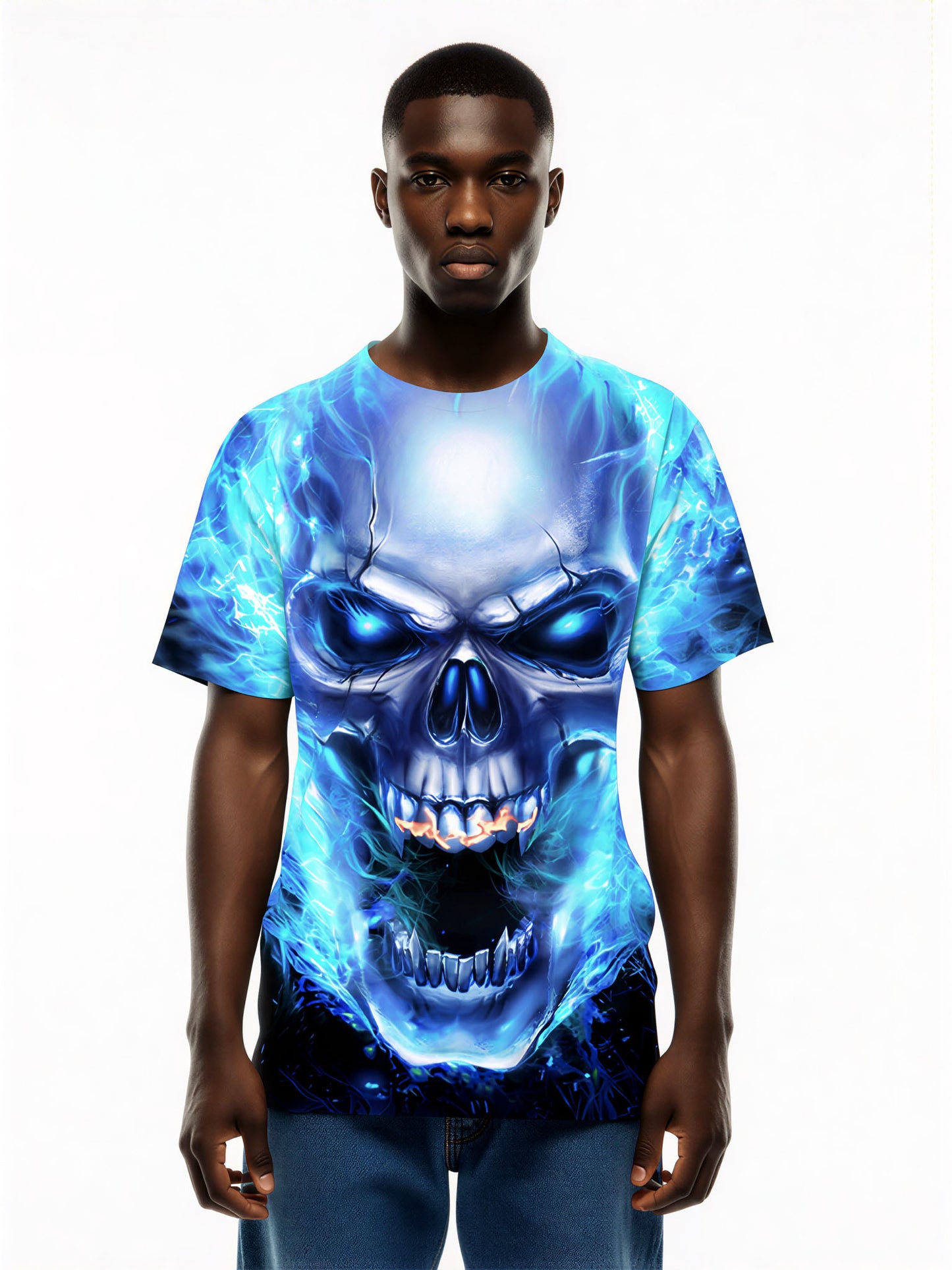 Blue Fire Skull 3D All Over Print T-Shirt for Men Women Streetwear Graphic Pullover