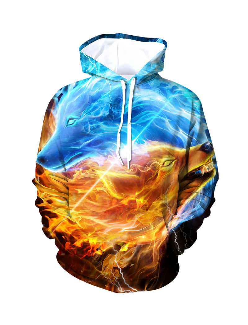 Unisex 3D All Over Print Hoodie Fire Ice Wolf Design Streetwear Pullover Soft Comfortable