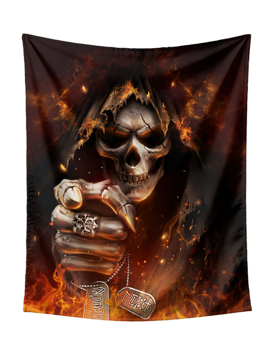 Grim Reaper Skull Pointing Forward With Flames & Dog Tags Tapestry - Edgy Dark Art Wall Hanging for Gothic Home Decor