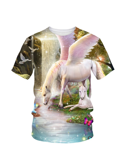3D All Over Print Unicorn T-Shirt for Men Women Fantasy Forest Winged Horse Design