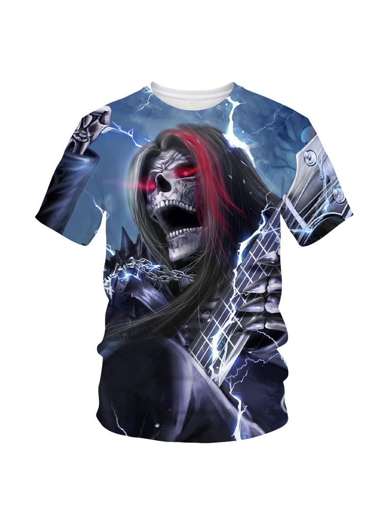 Men Women 3D Guitar Skull All Over Print T-Shirt with Lightning Rock Design
