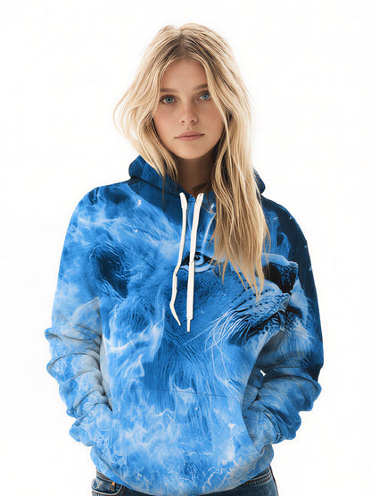 Unisex 3D All Over Print Hoodie Blue Fire Lion Art Streetwear Pullover Soft Comfortable Cotton Blend