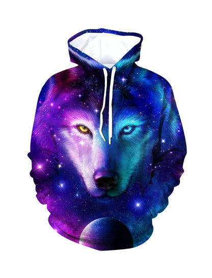 3D All Over Print Wolf Galaxy Hoodie for Men Women, Cosmic Space Graphic Pullover Sweatshirt