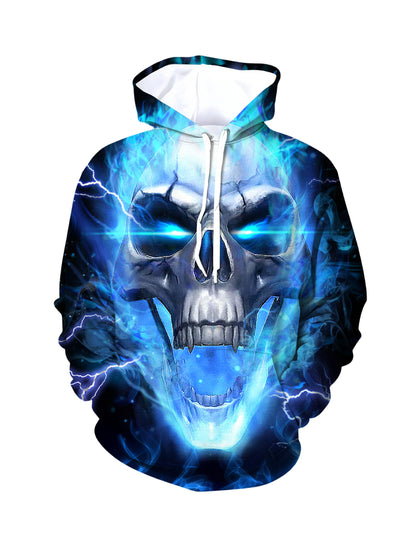 Men Women 3D All Over Print Skull Lightning Hoodie Glow Blue Horror Style Sweatshirt