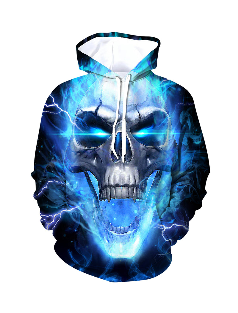 Men Women 3D All Over Print Skull Lightning Hoodie Glow Blue Horror Style Sweatshirt