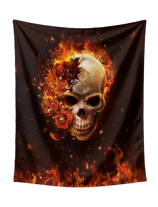 Cracked Skull With Red Roses & Flames Tapestry - Gothic Dark Art Wall Hanging for Edgy Home Decor