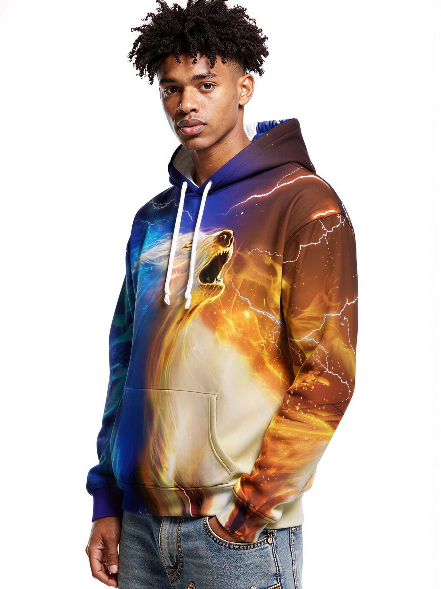 Men Women 3D All Over Print Hoodie Fire Wolf Lightning Cosmic Design Unisex Pullover Sweatshirt