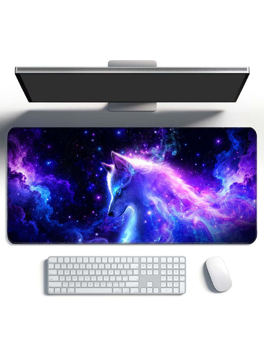 Side Profile Cosmic Wolf With Nebula Clouds & Stars Desk Mat