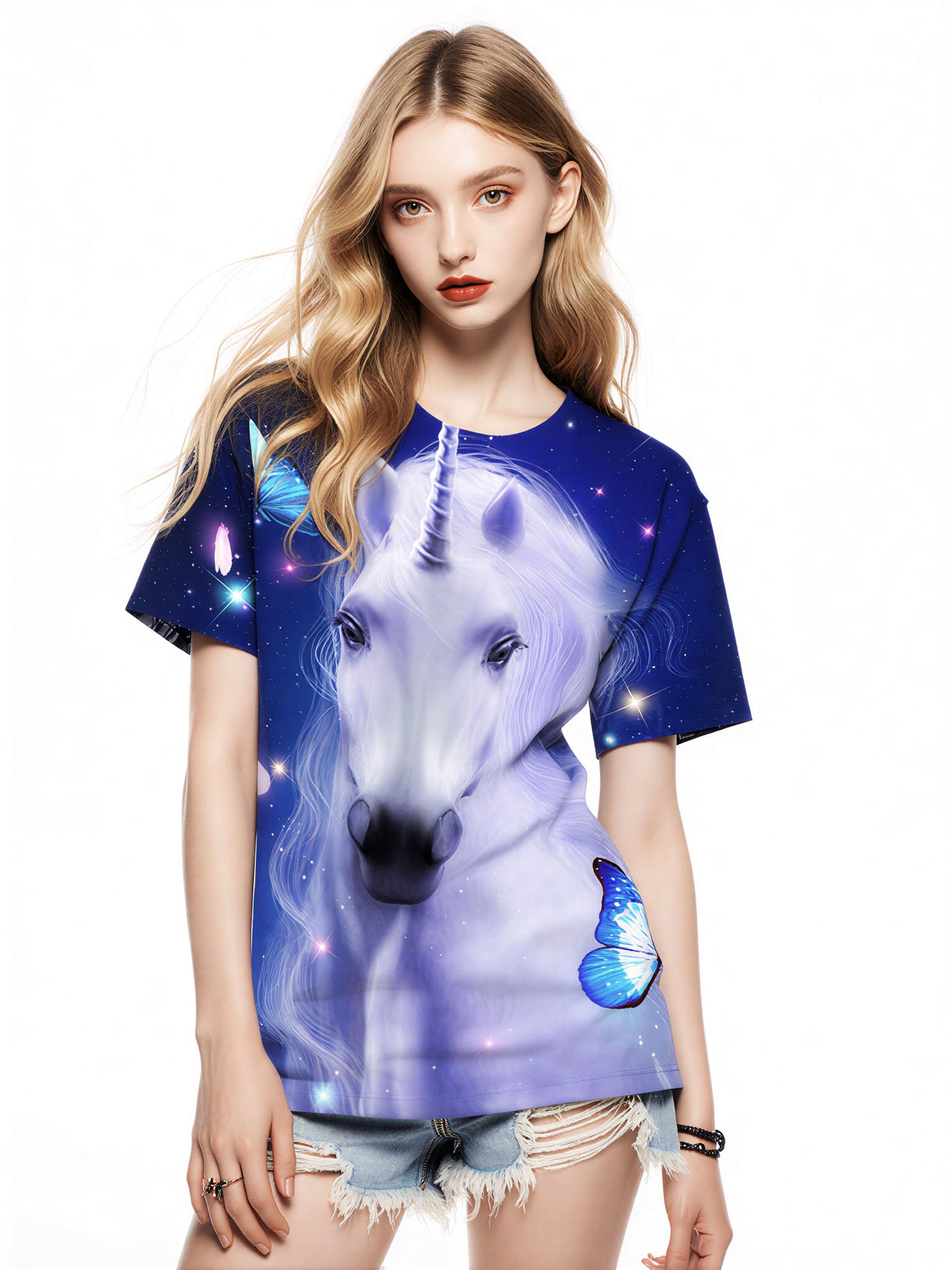 Unicorn 3D All Over Print T-Shirt for Men Women, Magical Starry Sky Butterfly Design