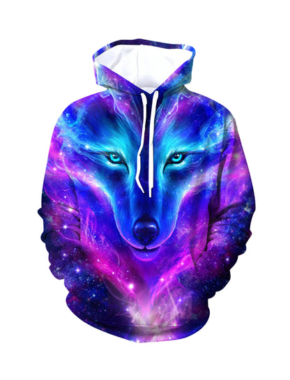 Trendy Galaxy Wolf 3D Print Hoodie for Men & Women, Cosmic Space Graphic Pullover Sweatshirt