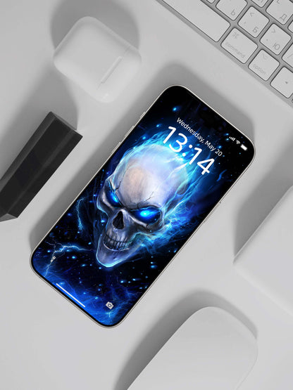 Side Face Blue Flame Skull Digital Wallpaper