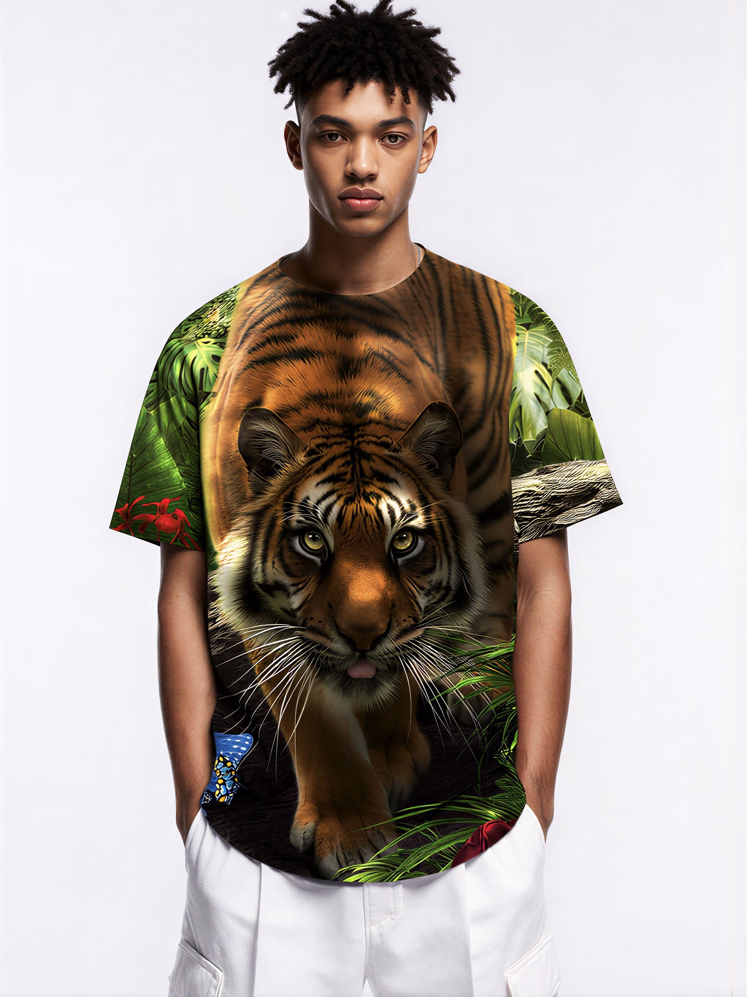 Tiger Jungle 3D All Over Print T-Shirt for Men Women, Wild Animal Graphic Pullover Sweatshirt