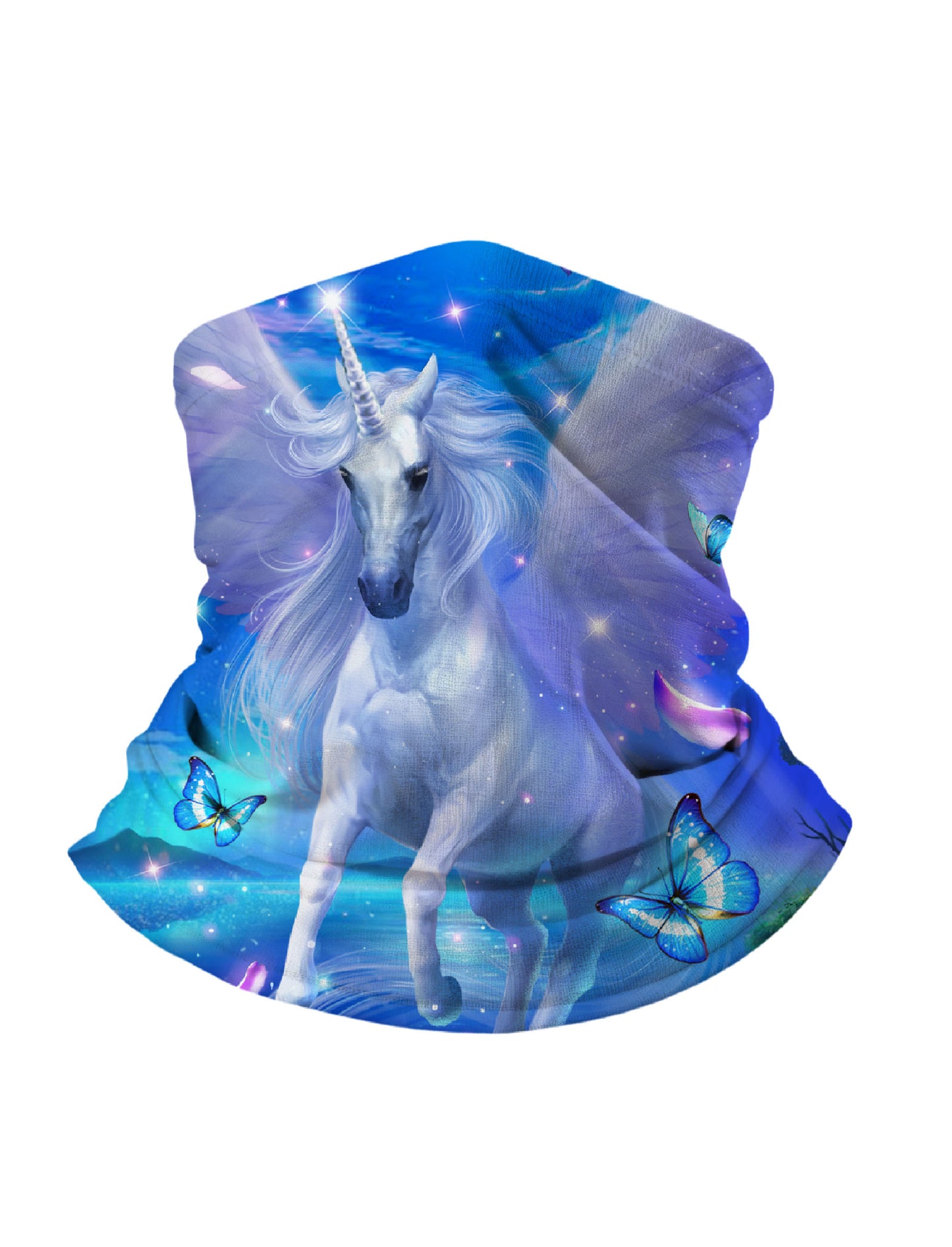 Neck Gaiter with 3D all over print featuring mystical unicorn and glowing blue butterflies, Aesthetic fantasy design, unisex soft stretchy fabric for outdoor wear
