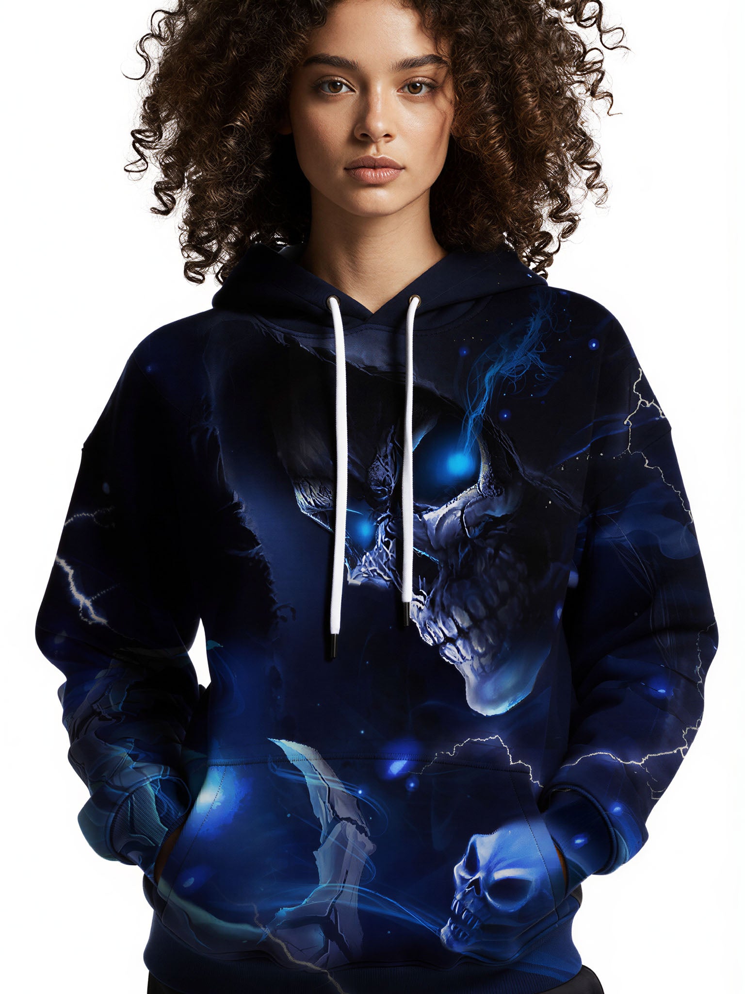 Men Women 3D All Over Print Skull Hoodie with Blue Lightning Glow Effect