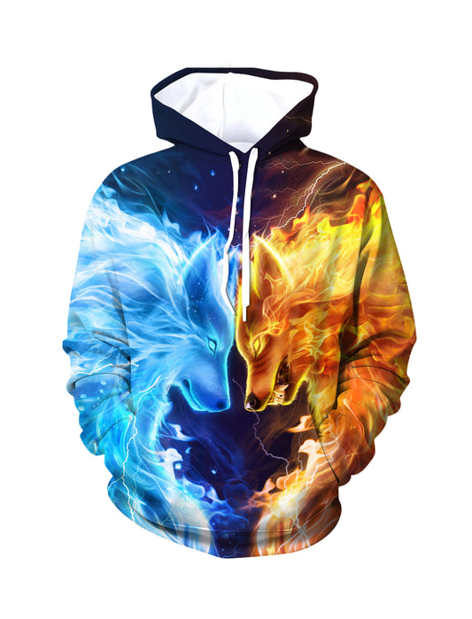 Men Women 3D All Over Print Fire Ice Wolf Hoodie Sweatshirt Graphic Pullover