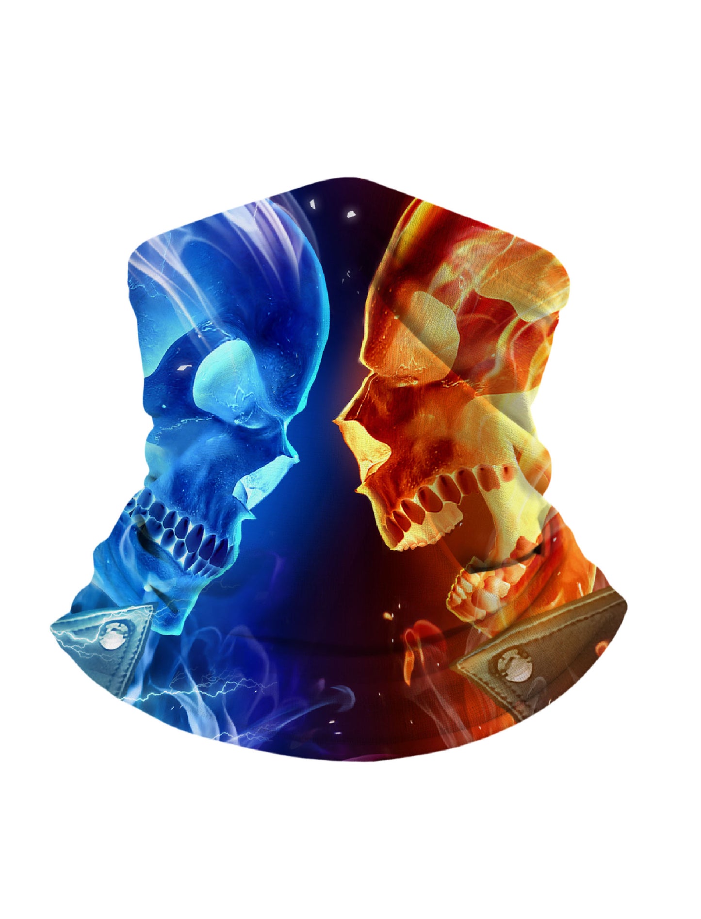 Tube Face Mask with 3D all over print graffiti skull design in electric blue and fiery orange, Streetwear unisex style, breathable fabric, windproof for outdoor sports