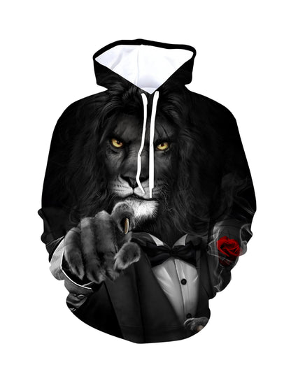 Lion in Tuxedo 3D All Over Print Hoodie for Men Women with Red Rose Style